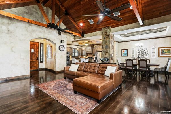 Dining room, Interior, Kitchen, Living room, Pendant Lights, Wooden Beams, Wooden Ceilings, Wood Texture Flooring