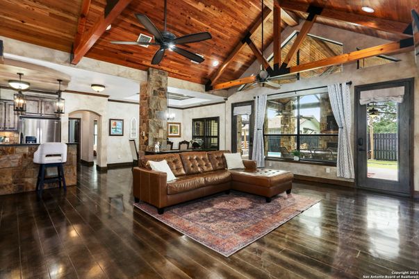 Interior, Kitchen, Living room, Pendant Lights, Recessed Lighting, Wooden Beams, Wooden Ceilings, Wood Texture Flooring