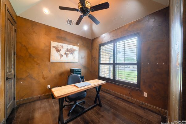 Home Office, Interior, Recessed Lighting, Wood Texture Flooring, Wooden Walls
