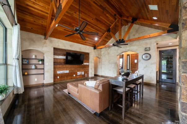 Dining room, Interior, Living room, Recessed Lighting, Wooden Beams, Wooden Ceilings, Wood Texture Flooring