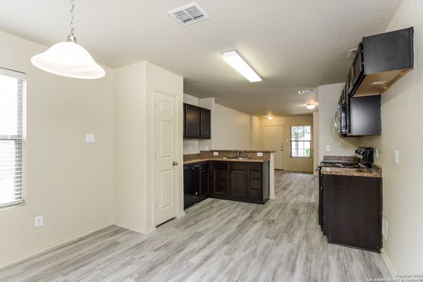 Interior, Kitchen, Pendant Lights, Wood Texture Flooring