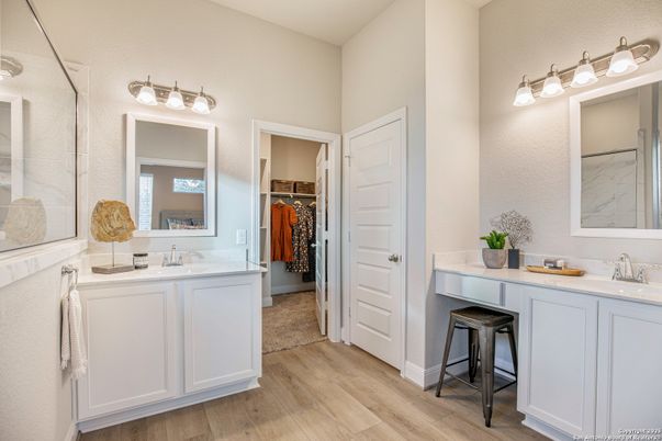 Bathroom, Dual Sink Vanities, Interior, Walk-in Closets, Wood Texture Flooring