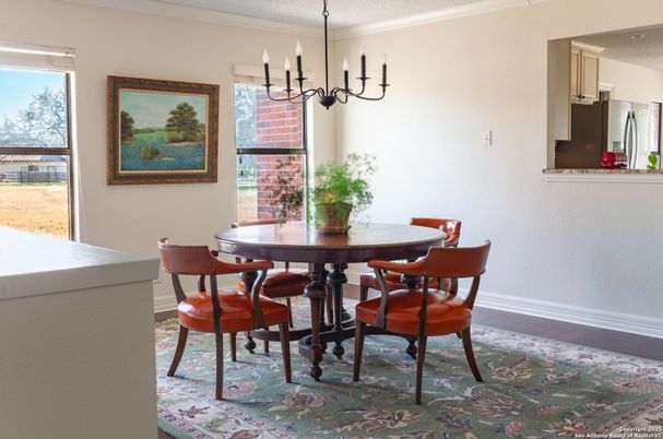 Chandelier, Dining room, Interior, Wood Texture Flooring