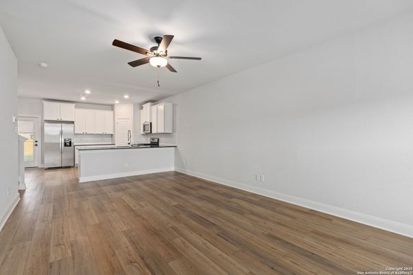 Empty room, Interior, Kitchen, Recessed Lighting, Wood Texture Flooring