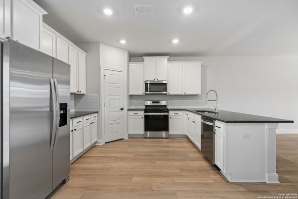 Interior, Kitchen, Recessed Lighting, Stainless Steel Appliances, Wood Texture Flooring