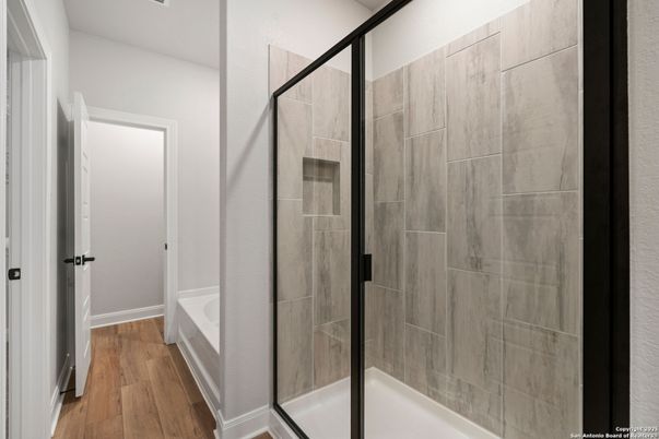 Bathroom, Glass Shower, Interior, Wood Texture Flooring