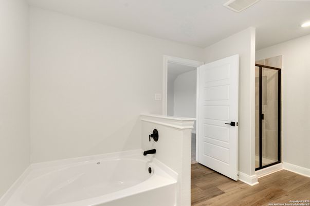 Bathroom, Glass Shower, Interior, Recessed Lighting, Wood Texture Flooring