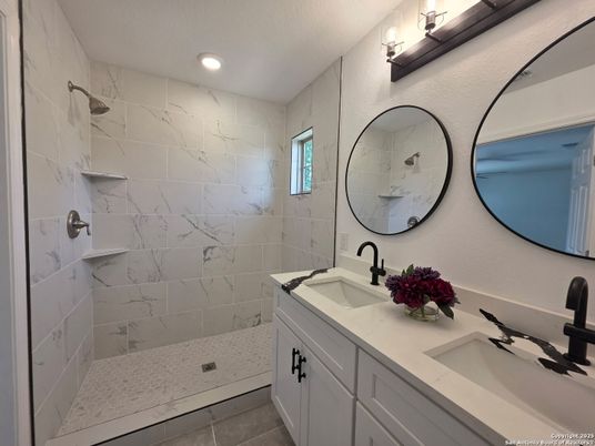 Bathroom, Dual Sink Vanities, Interior, Marble Walls, Recessed Lighting