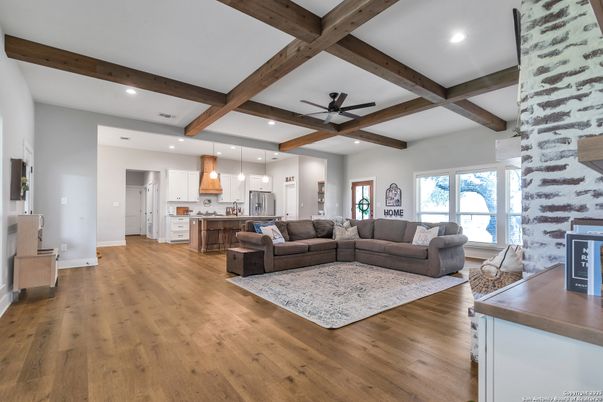 Interior, Kitchen, Living room, Pendant Lights, Recessed Lighting, Wooden Beams, Wood Texture Flooring