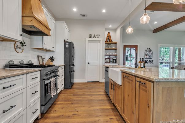 Interior, Kitchen, Pendant Lights, Recessed Lighting, Stainless Steel Appliances, Wooden Beams, Wood Texture Flooring