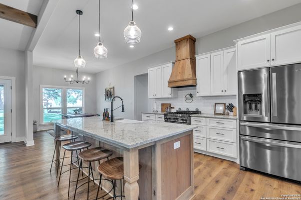 Interior, Kitchen, Pendant Lights, Recessed Lighting, Stainless Steel Appliances, Wooden Beams, Wood Texture Flooring