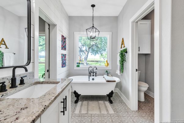 Bathroom, Dual Sink Vanities, Free Standing Baths, Interior, Pendant Lights