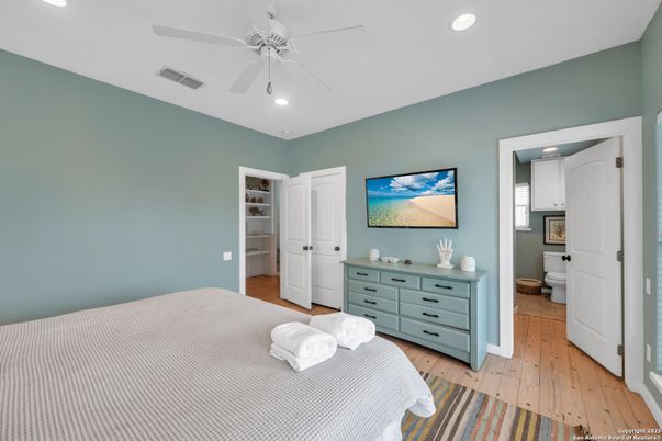 Bedroom, Interior, Recessed Lighting, Wood Texture Flooring