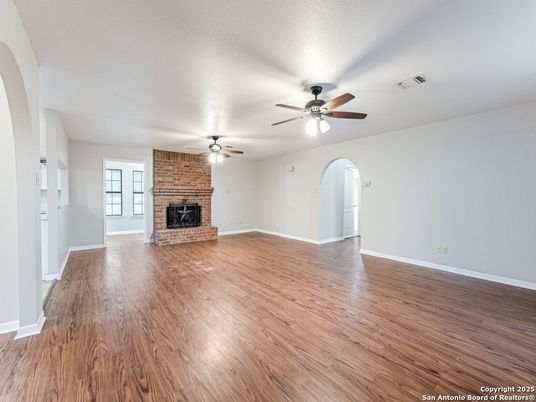 Empty room, Fireplace, Interior, Stone Walls, Wood Texture Flooring