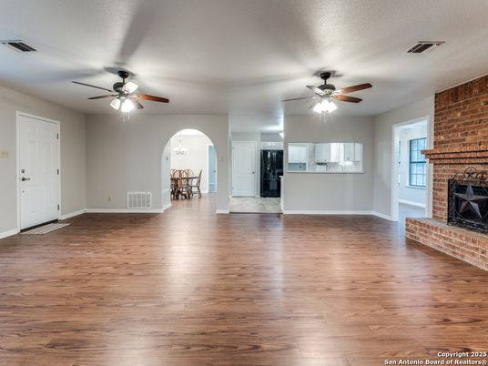 Empty room, Fireplace, Interior, Kitchen, Stone Walls, Wood Texture Flooring