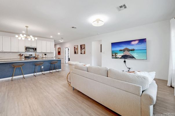 Interior, Kitchen, Living room, Pendant Lights, Recessed Lighting, Stainless Steel Appliances, Wood Texture Flooring