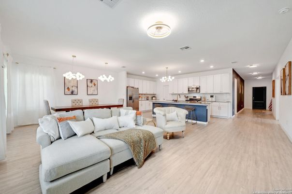 Dining room, Interior, Kitchen, Living room, Pendant Lights, Recessed Lighting, Wood Texture Flooring