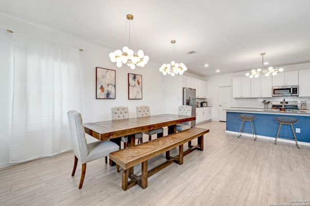 Chandelier, Dining room, Interior, Kitchen, Pendant Lights, Recessed Lighting, Wood Texture Flooring