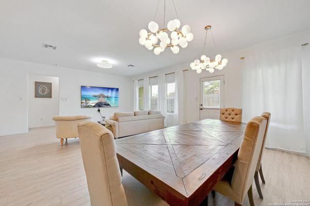Dining room, Interior, Living room, Pendant Lights, Wood Texture Flooring