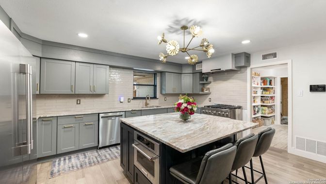 Interior, Kitchen, Pendant Lights, Recessed Lighting, Stainless Steel Appliances, Wood Texture Flooring