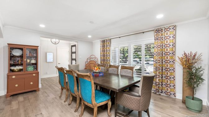 Dining room, Interior, Recessed Lighting, Wood Texture Flooring