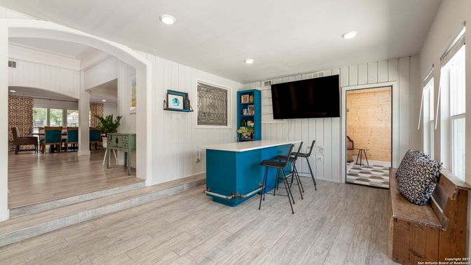 Dining room, Interior, Recessed Lighting, Wood Texture Flooring