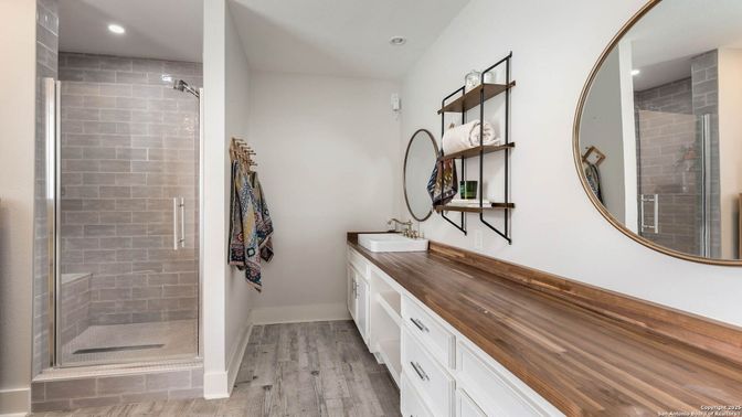 Bathroom, Dual Sink Vanities, Interior, Recessed Lighting, Wood Texture Flooring