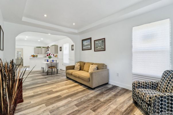 Dining room, Interior, Living room, Recessed Lighting, Wood Texture Flooring