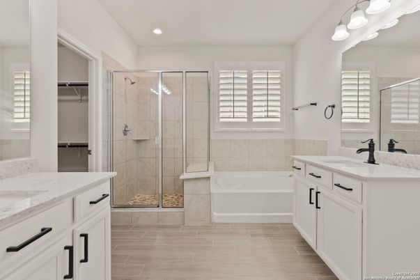 Bathroom, Dual Sink Vanities, Glass Shower, Interior, Recessed Lighting, Wood Texture Flooring