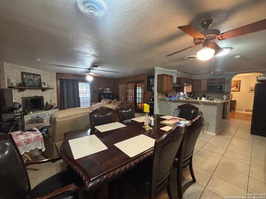 Dining room, Fireplace, Interior, Kitchen, Living room, Stone Walls