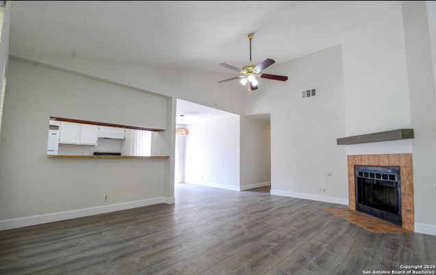 Empty room, Fireplace, Interior, Pendant Lights, Wood Texture Flooring