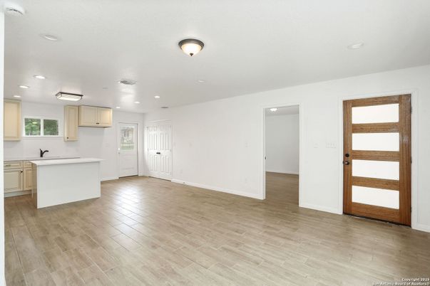 Empty room, Interior, Kitchen, Recessed Lighting, Wood Texture Flooring