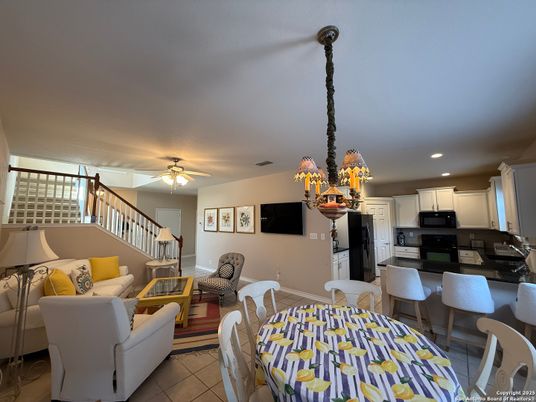 Chandelier, Dining room, Interior, Kitchen, Living room, Recessed Lighting, Stainless Steel Appliances