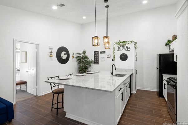 Interior, Kitchen, Pendant Lights, Recessed Lighting, Wood Texture Flooring