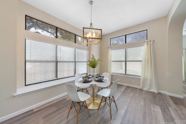 Dining room, Interior, Pendant Lights, Wood Texture Flooring
