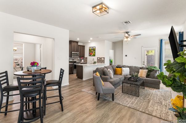 Dining room, Interior, Kitchen, Living room, Recessed Lighting, Wood Texture Flooring