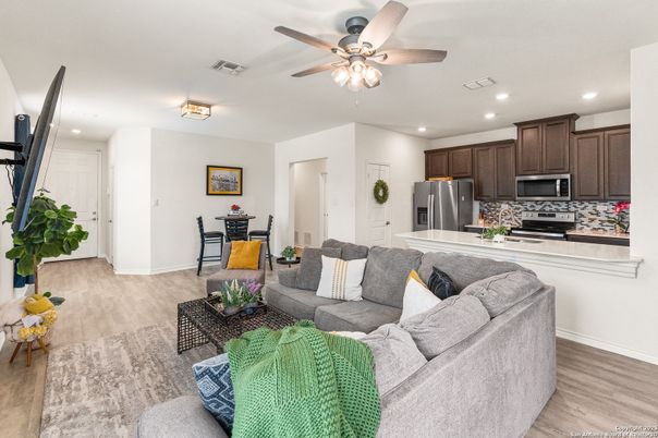 Dining room, Interior, Kitchen, Living room, Recessed Lighting, Stainless Steel Appliances, Wood Texture Flooring