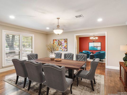 Dining room, Interior, Pendant Lights, Recessed Lighting, Wood Texture Flooring