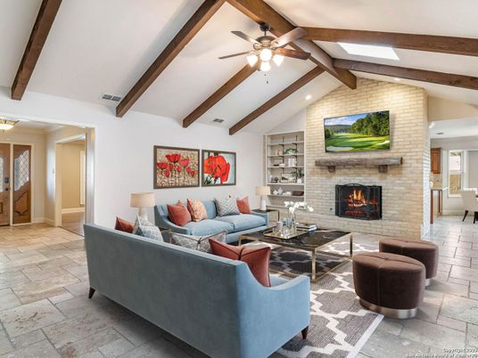 Fireplace, Interior, Living room, Recessed Lighting, Stone Walls, Wooden Beams