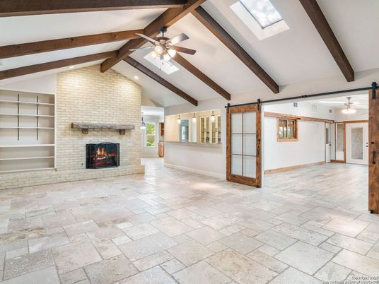 Empty room, Fireplace, Interior, Stone Walls, Wooden Beams