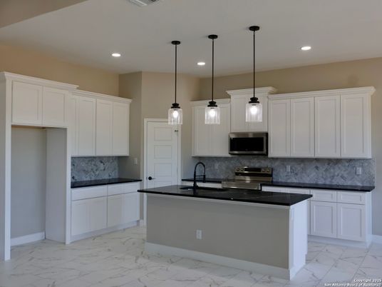 Interior, Kitchen, Marble, Pendant Lights, Recessed Lighting, Stainless Steel Appliances