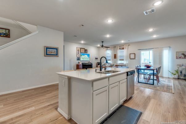 Dining room, Interior, Kitchen, Recessed Lighting, Wood Texture Flooring