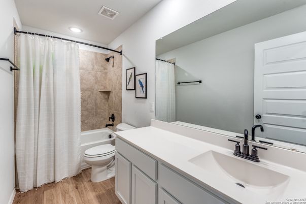Bathroom, Dual Sink Vanities, Interior, Recessed Lighting, Wood Texture Flooring