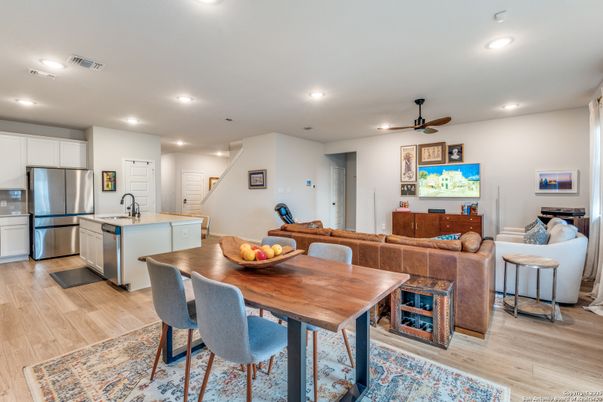 Dining room, Interior, Kitchen, Living room, Recessed Lighting, Stainless Steel Appliances, Wood Texture Flooring