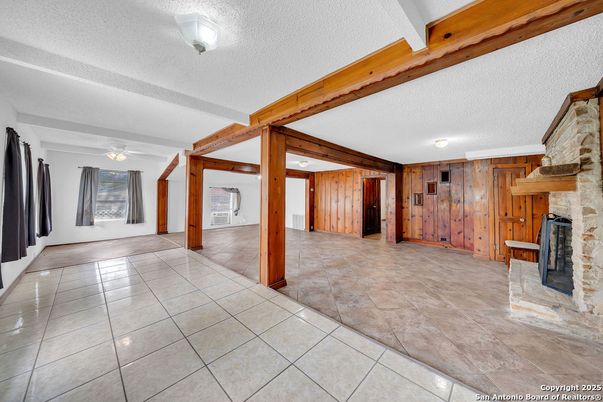 Empty room, Fireplace, Interior, Wooden Beams, Wooden Walls