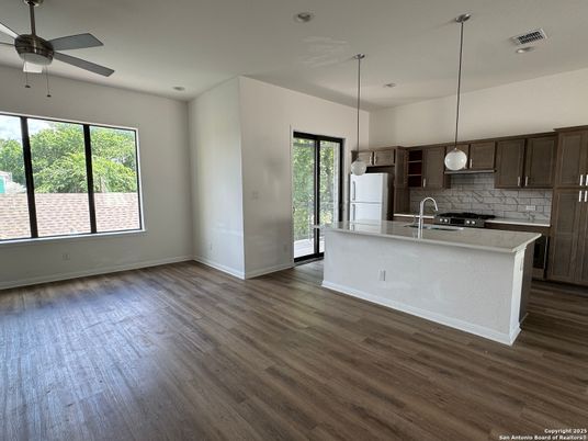 Empty room, Interior, Kitchen, Pendant Lights, Recessed Lighting, Wood Texture Flooring