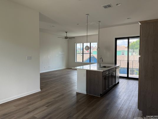 Interior, Kitchen, Pendant Lights, Recessed Lighting, Wood Texture Flooring