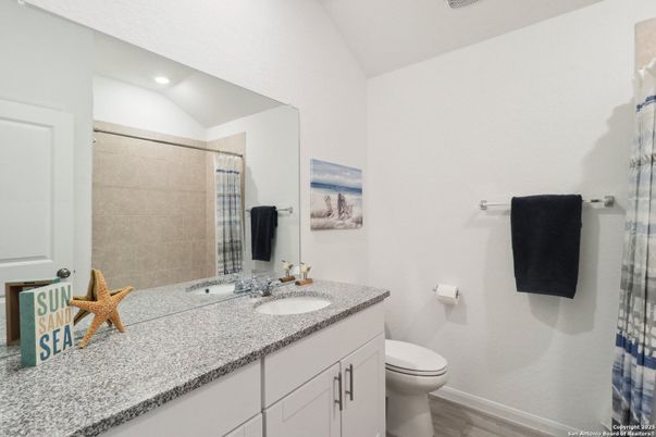 Bathroom, Dual Sink Vanities, Interior, Recessed Lighting, Wood Texture Flooring