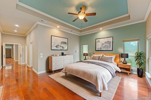 Bedroom, Interior, Recessed Lighting, Wood Texture Flooring