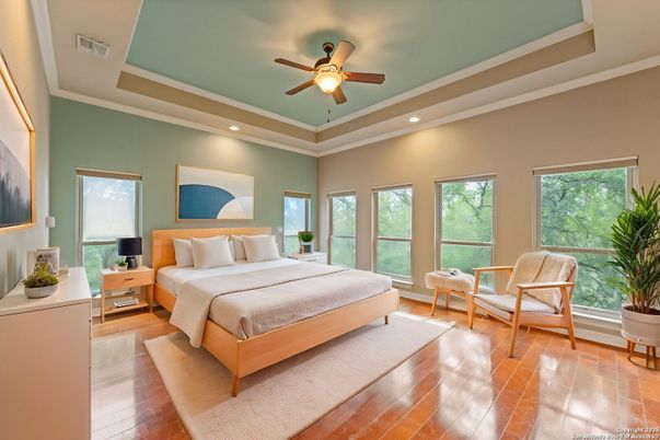 Bedroom, Interior, Recessed Lighting, Wood Texture Flooring